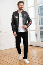 Sheep leather jacket in glossy black, biker collar, motorsport legacy. - Image n°3
