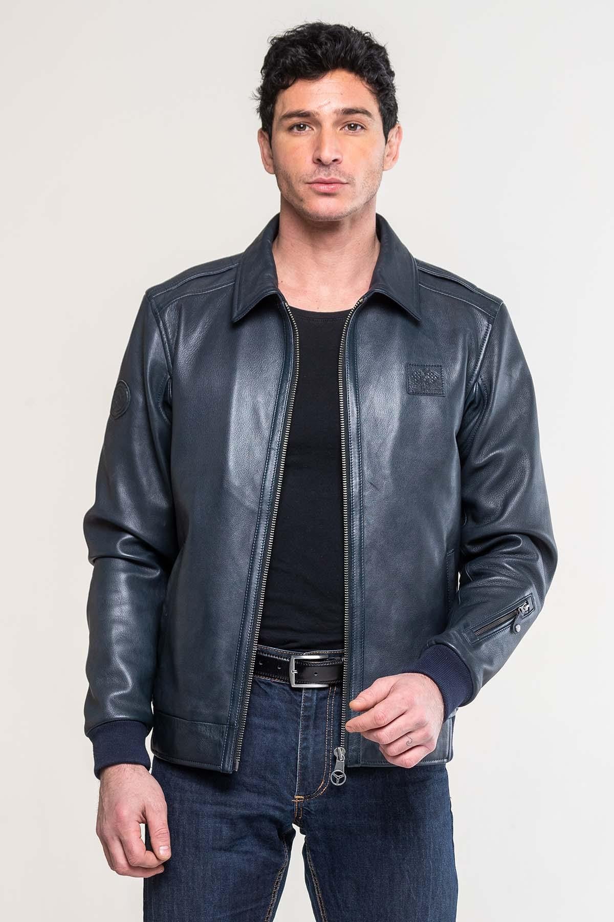 Navy sheep leather jacket, tribute to Jacky Ickx's racing legacy. - Image n°2