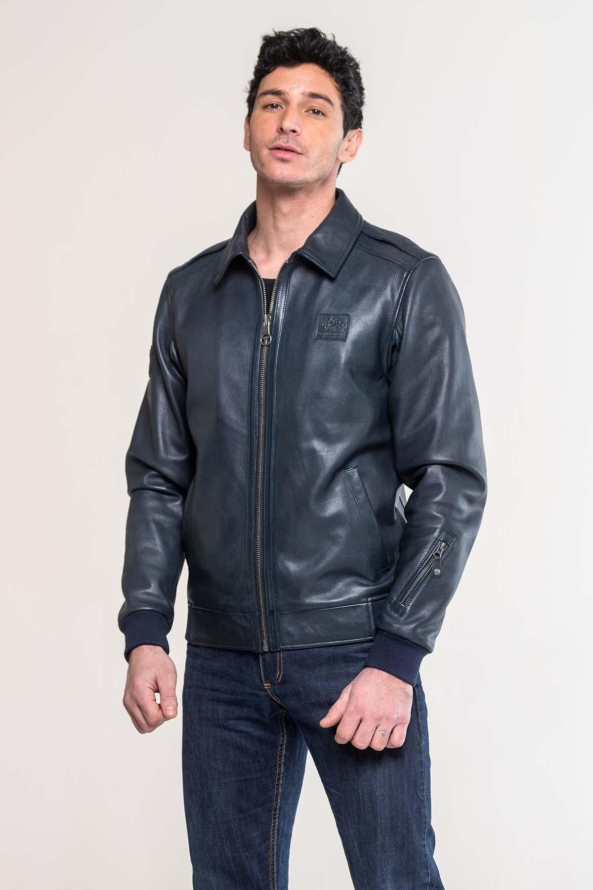 Navy sheep leather jacket, tribute to Jacky Ickx's racing legacy. - Image n°4