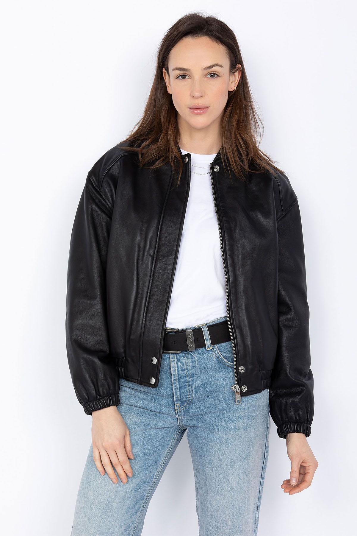 Schott's black washed lambskin bomber with elasticated trims. - Image n°1