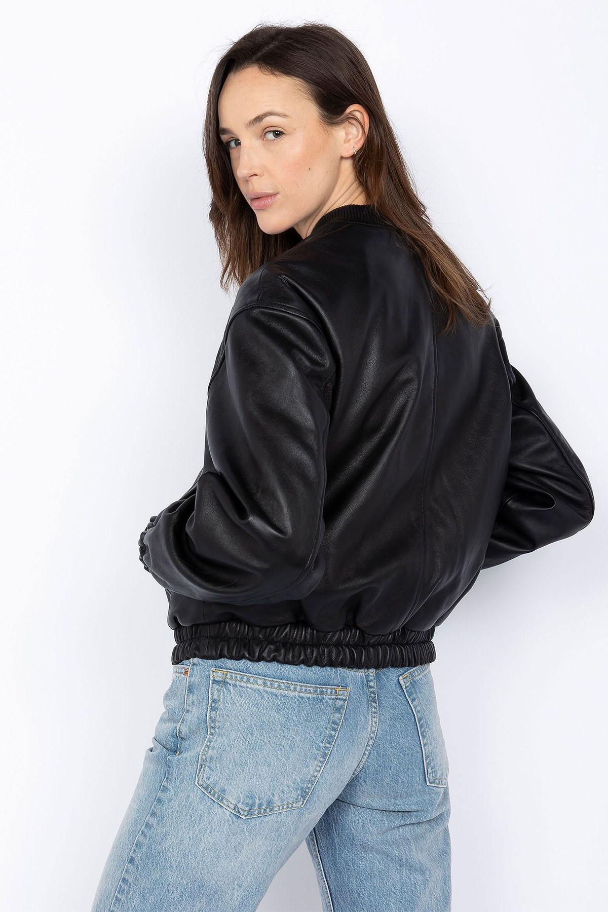 Schott's black washed lambskin bomber with elasticated trims. - Image n°4