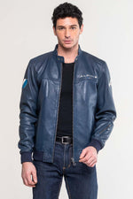 Royal blue lambskin jacket with biker collar and Alpine detailing. - Image n°6