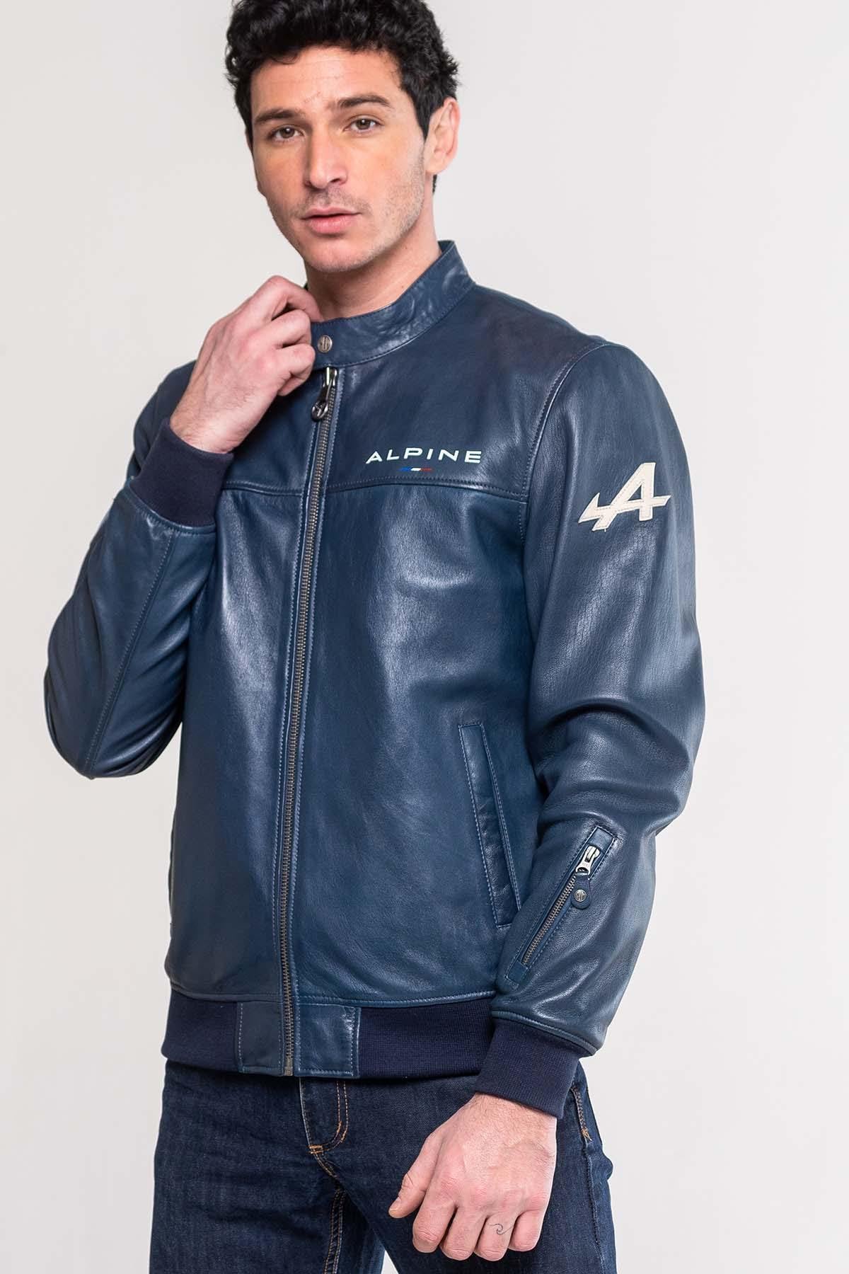 Royal blue lambskin jacket with biker collar and Alpine detailing. - Image n°5