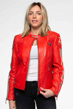 Vivid red sheep leather jacket with biker collar and regular fit. - Image n°2