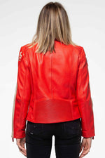 Vivid red sheep leather jacket with biker collar and regular fit. - Image n°3