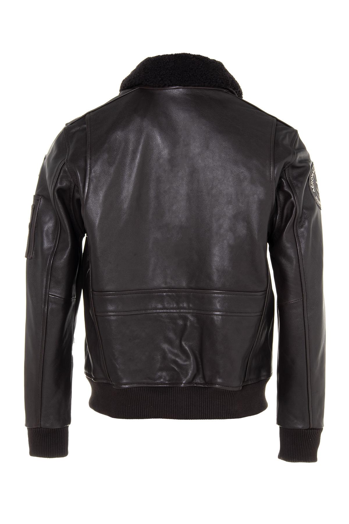 Brown cowhide aviator jacket with detachable shearling collar. - Image n°6