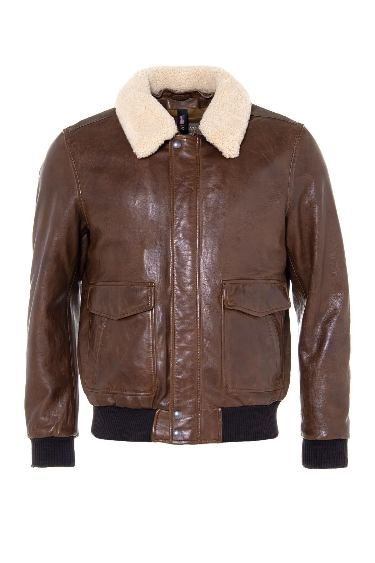 Petrol bison sheepskin aviator jacket with removable shearling collar. - Image n°5