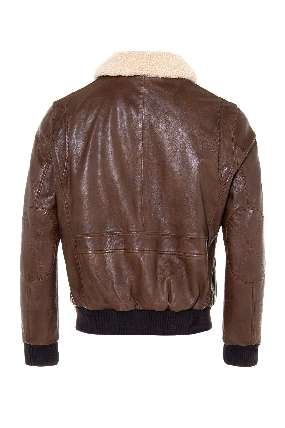 Petrol bison sheepskin aviator jacket with removable shearling collar. - Image n°8