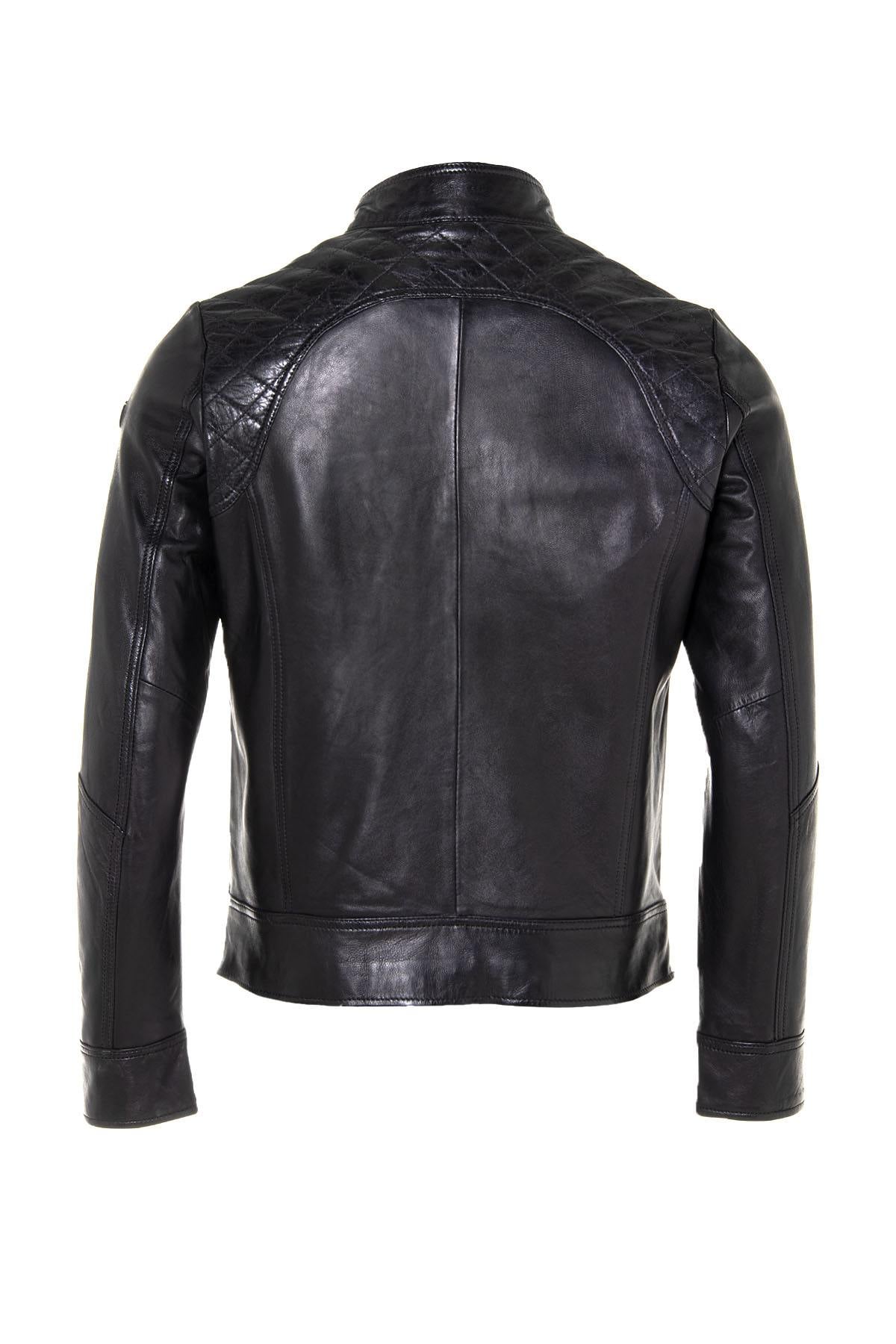 Black lambskin biker jacket, slim fit, matelassé shoulders. - Image n°8