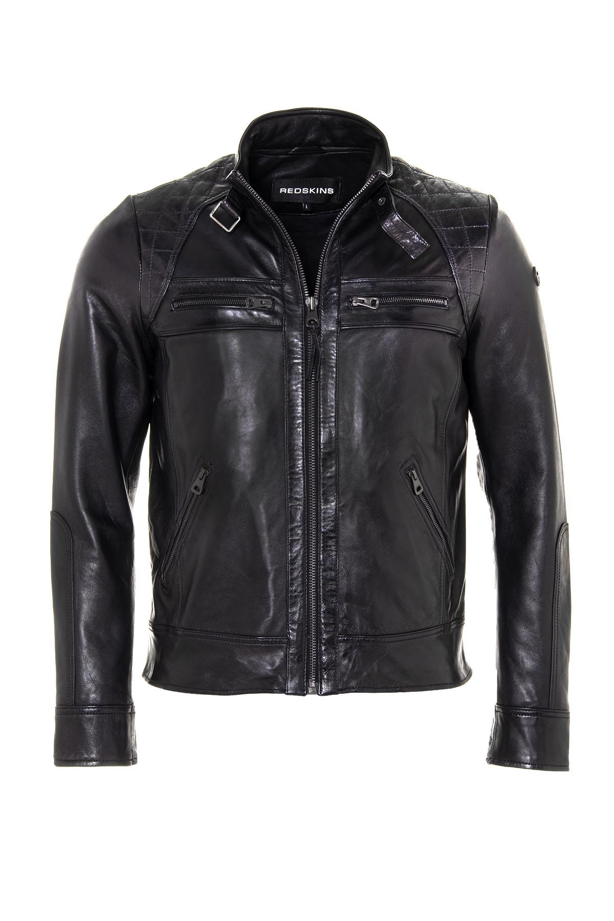 Black lambskin biker jacket, slim fit, matelassé shoulders. - Image n°2