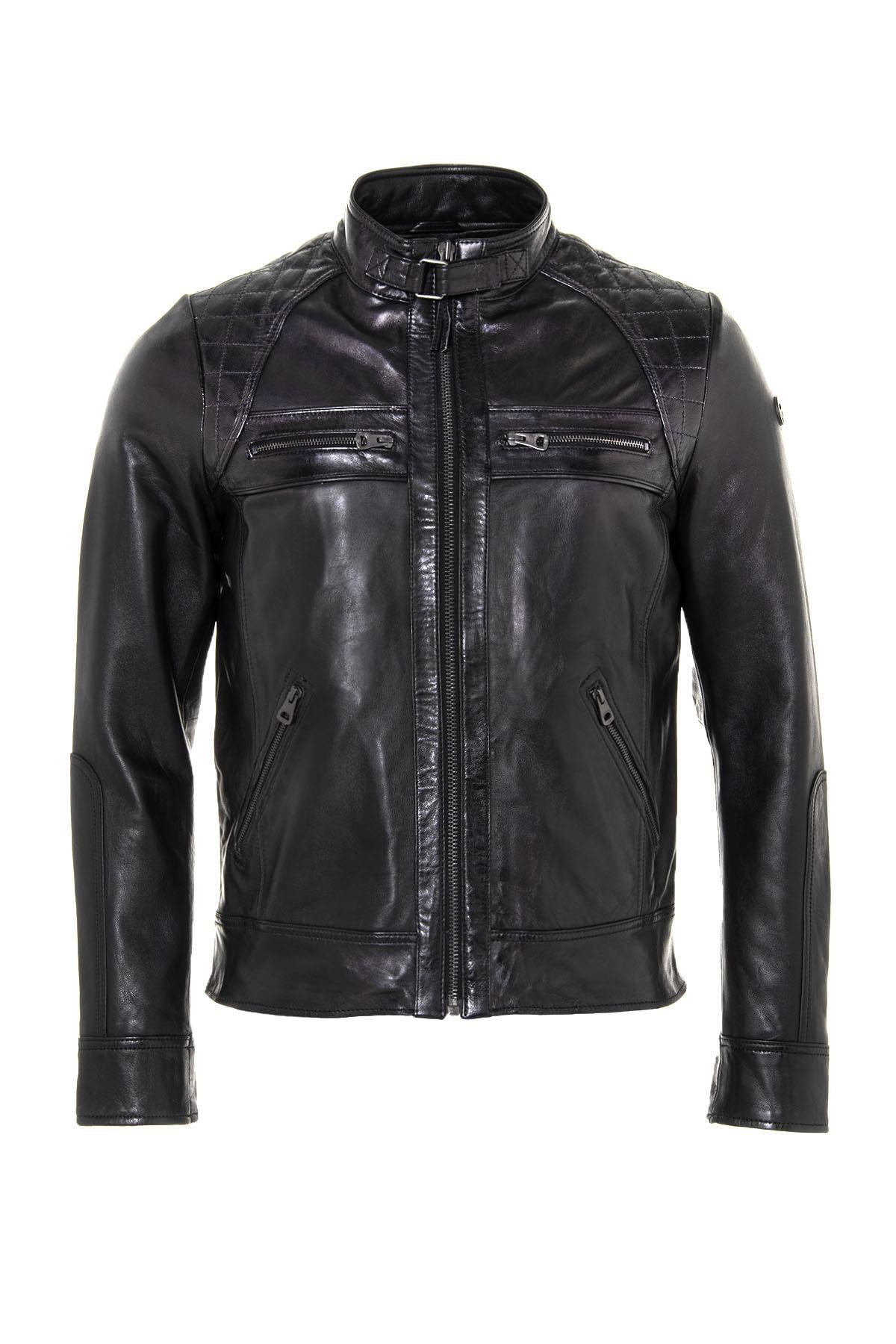 Black lambskin biker jacket, slim fit, matelassé shoulders. - Image n°6