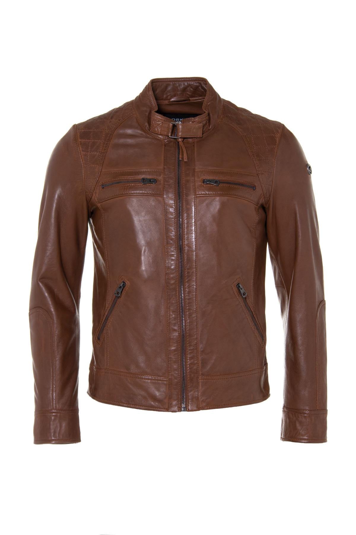 Rich cognac leather jacket, slim fit with quilted detailing for style. - Image n°6