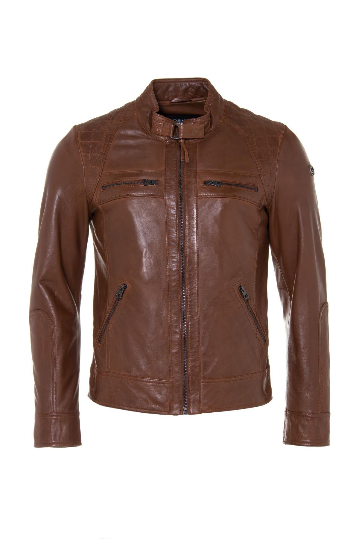 Rich cognac leather jacket, slim fit with quilted detailing for style. - Image n°6