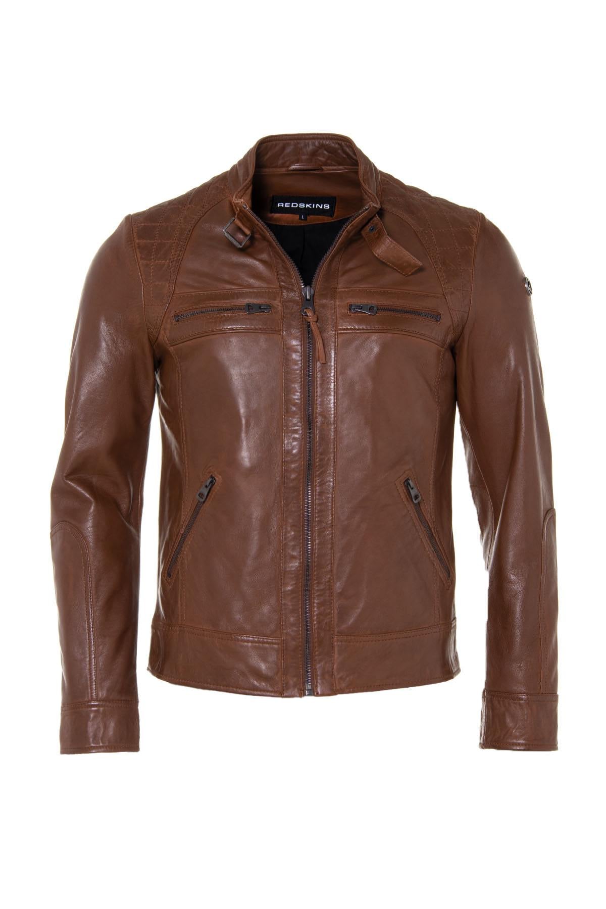 Rich cognac leather jacket, slim fit with quilted detailing for style. - Image n°2