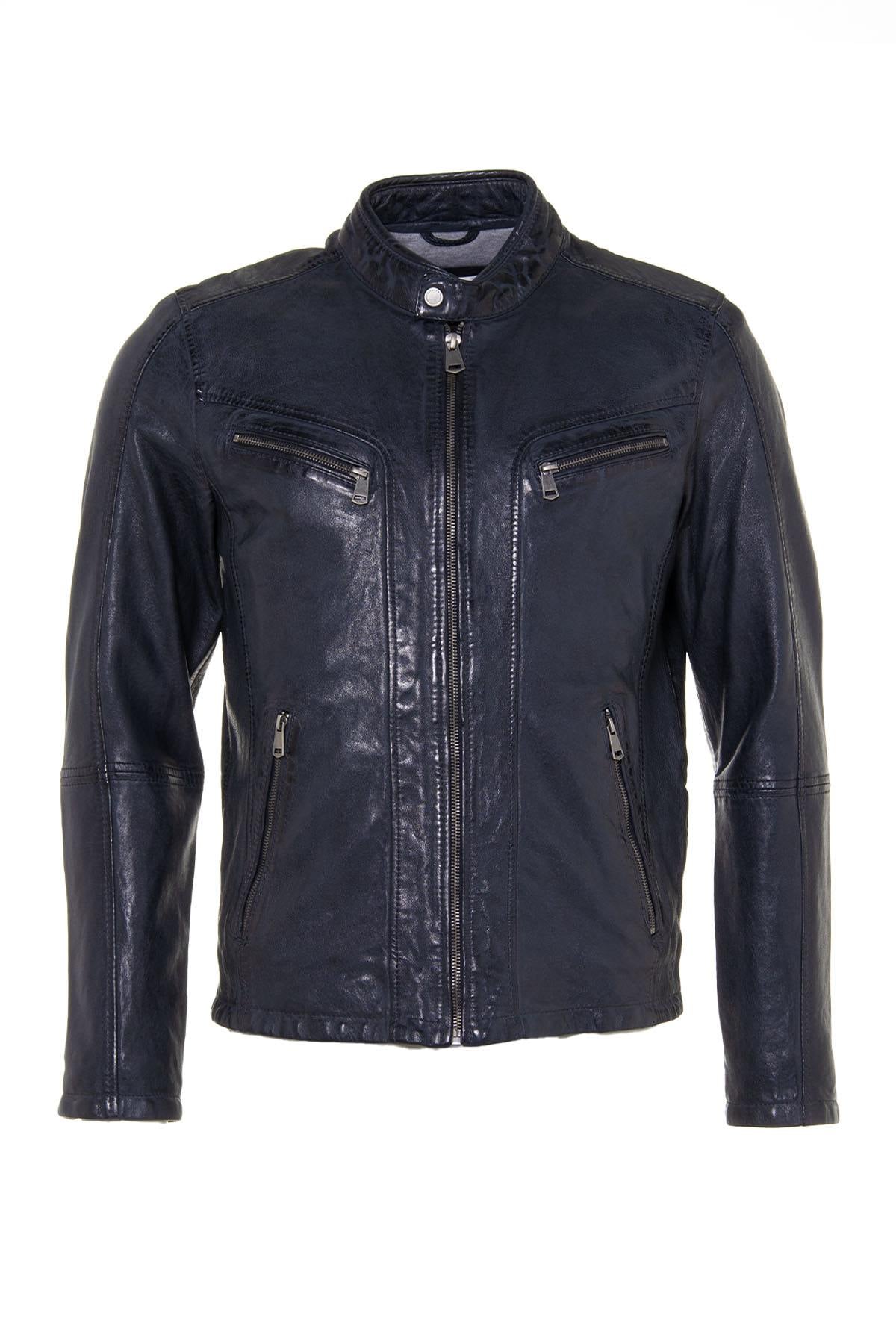 Navy sheepskin jacket, chrome-free tanned, with a moto collar. - Image n°7