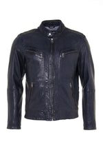 Navy blue vegetable leather jacket with biker collar - Image n°7