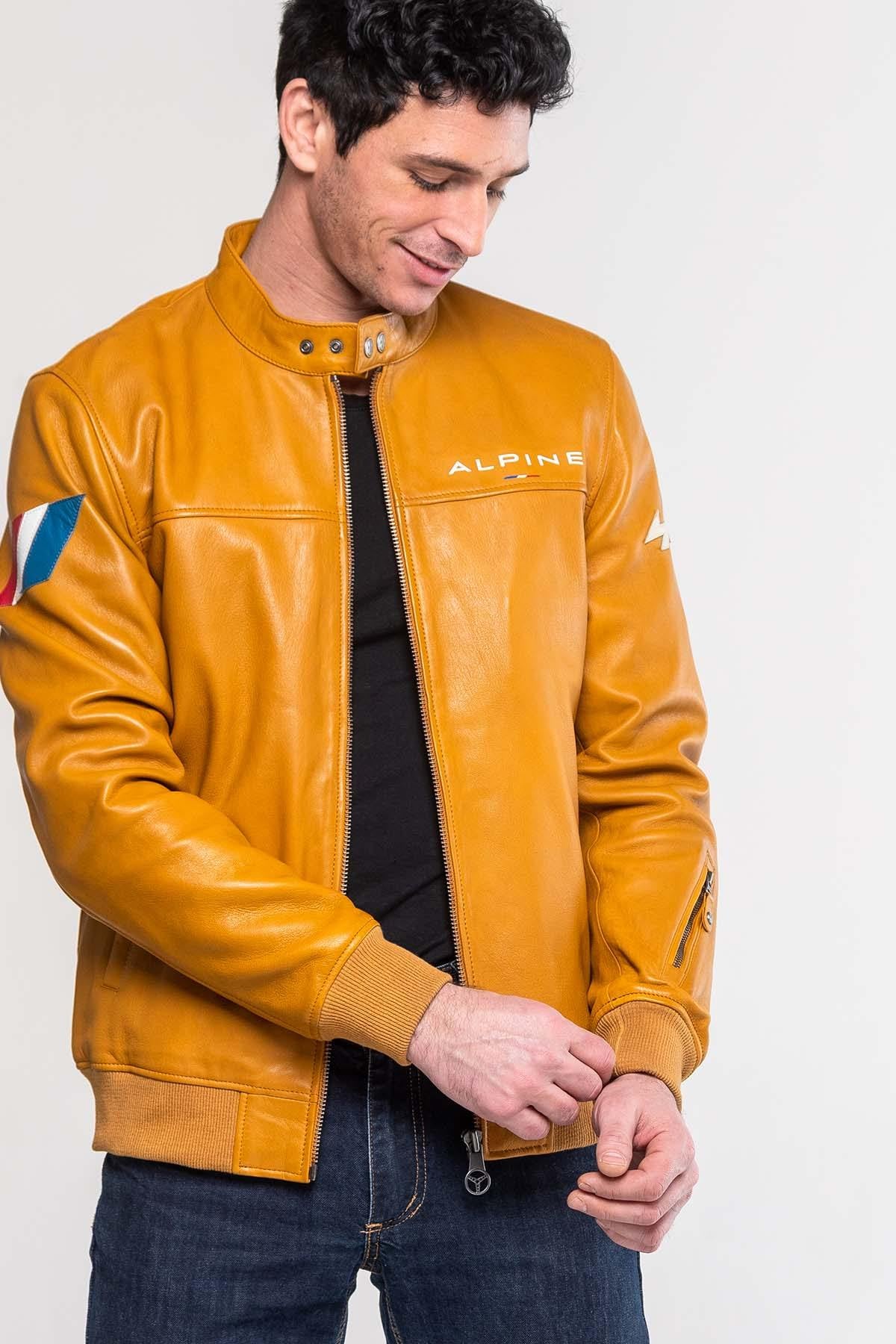 Denim-style jacket in soft yellow sheepskin leather, biker collar. - Image n°2