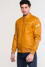 Denim-style jacket in soft yellow sheepskin leather, biker collar. - Image n°3