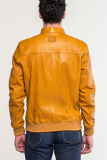 Denim-style jacket in soft yellow sheepskin leather, biker collar. - Image n°4