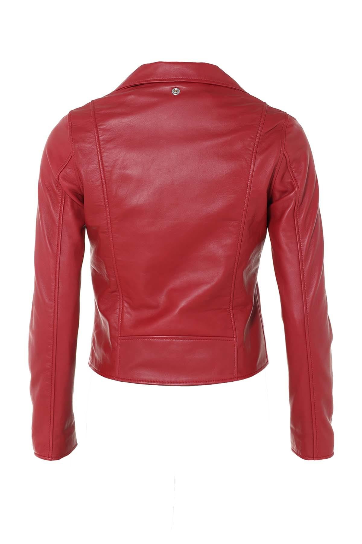 Vibrant red lambskin Perfecto by Schott, slim-fit for seasonal edge. - Image n°11