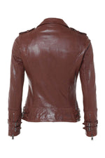 Mid-brown sheepskin biker jacket with vintage patina and adjustable straps. - Image n°8