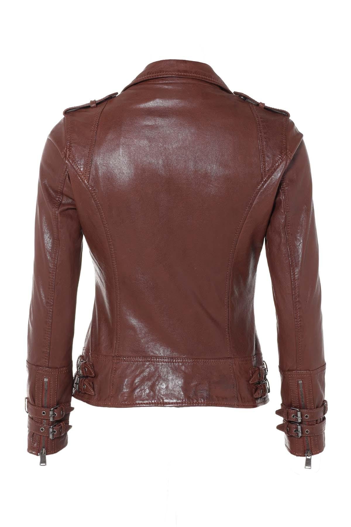 Mid-brown sheepskin biker jacket with vintage patina and adjustable straps. - Image n°8