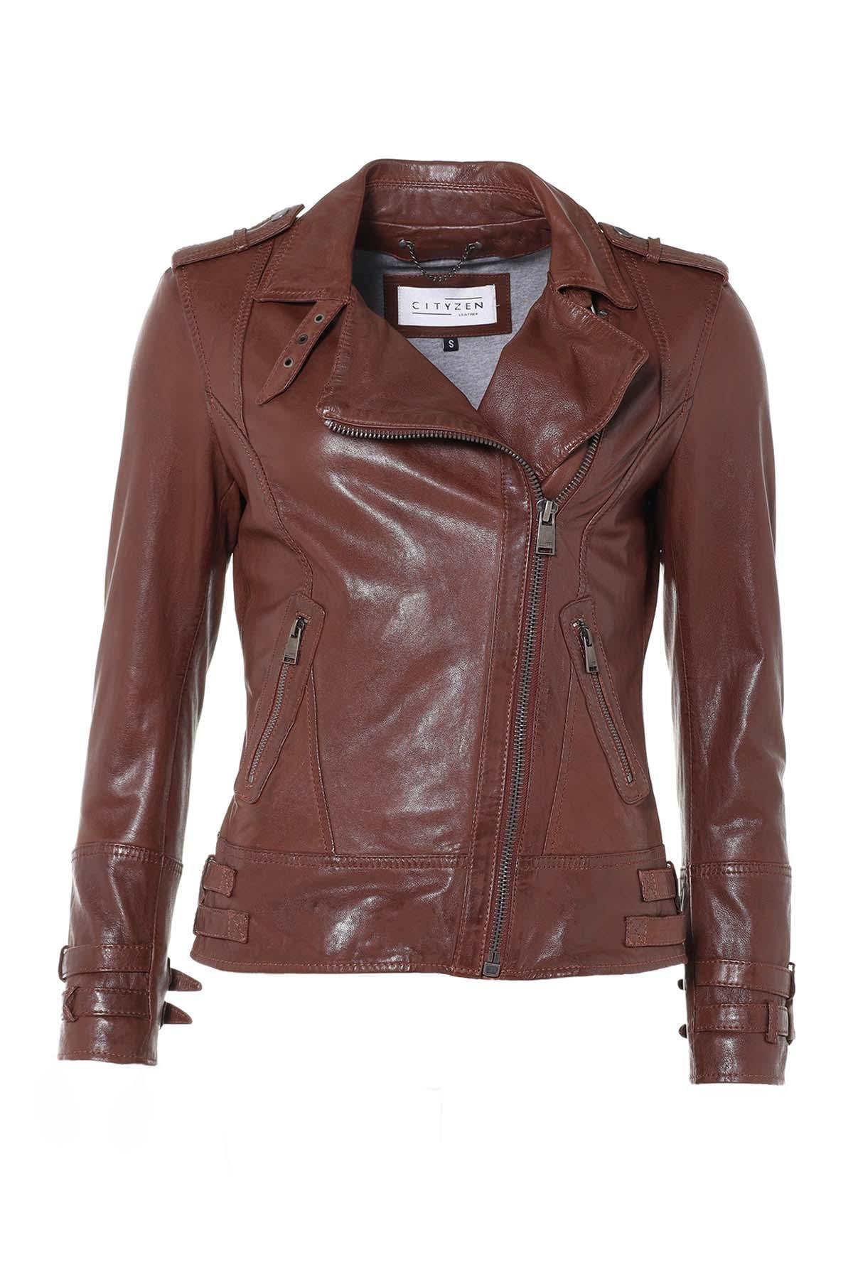 Mid-brown sheepskin biker jacket with vintage patina and adjustable straps. - Image n°3