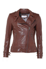 Mid-brown sheepskin biker jacket with vintage patina and adjustable straps. - Image n°3