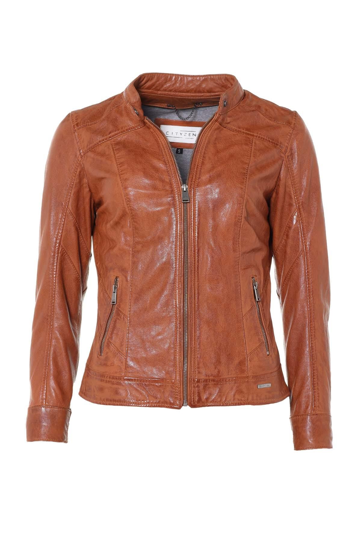 Marbled cognac sheepskin jacket with a Mao collar and slim fit. - Image n°3