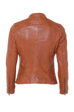 Marbled cognac sheepskin jacket with a Mao collar and slim fit. - Image n°7