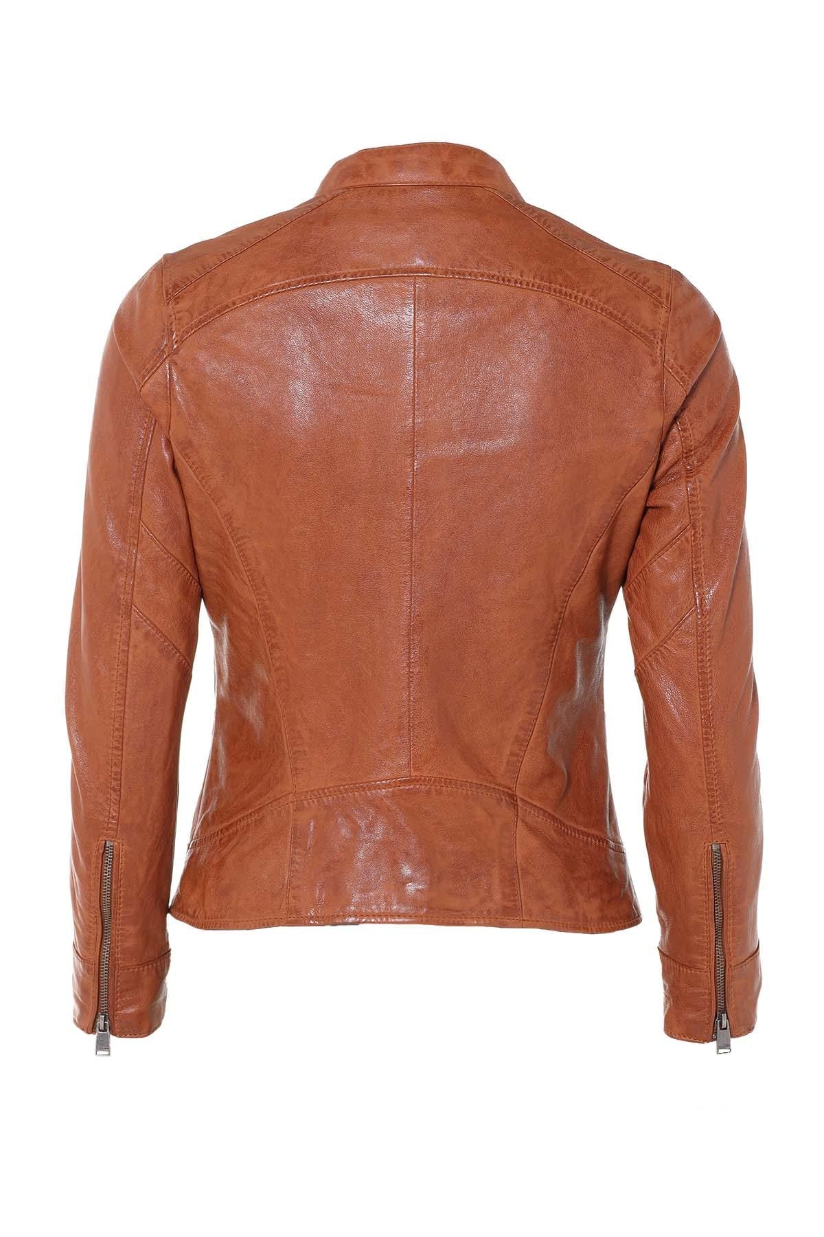 Marbled cognac sheepskin jacket with a Mao collar and slim fit. - Image n°7