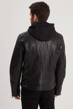Slimfit lambskin jacket in glossy black. Moto collar, detachable hood. - Image n°5