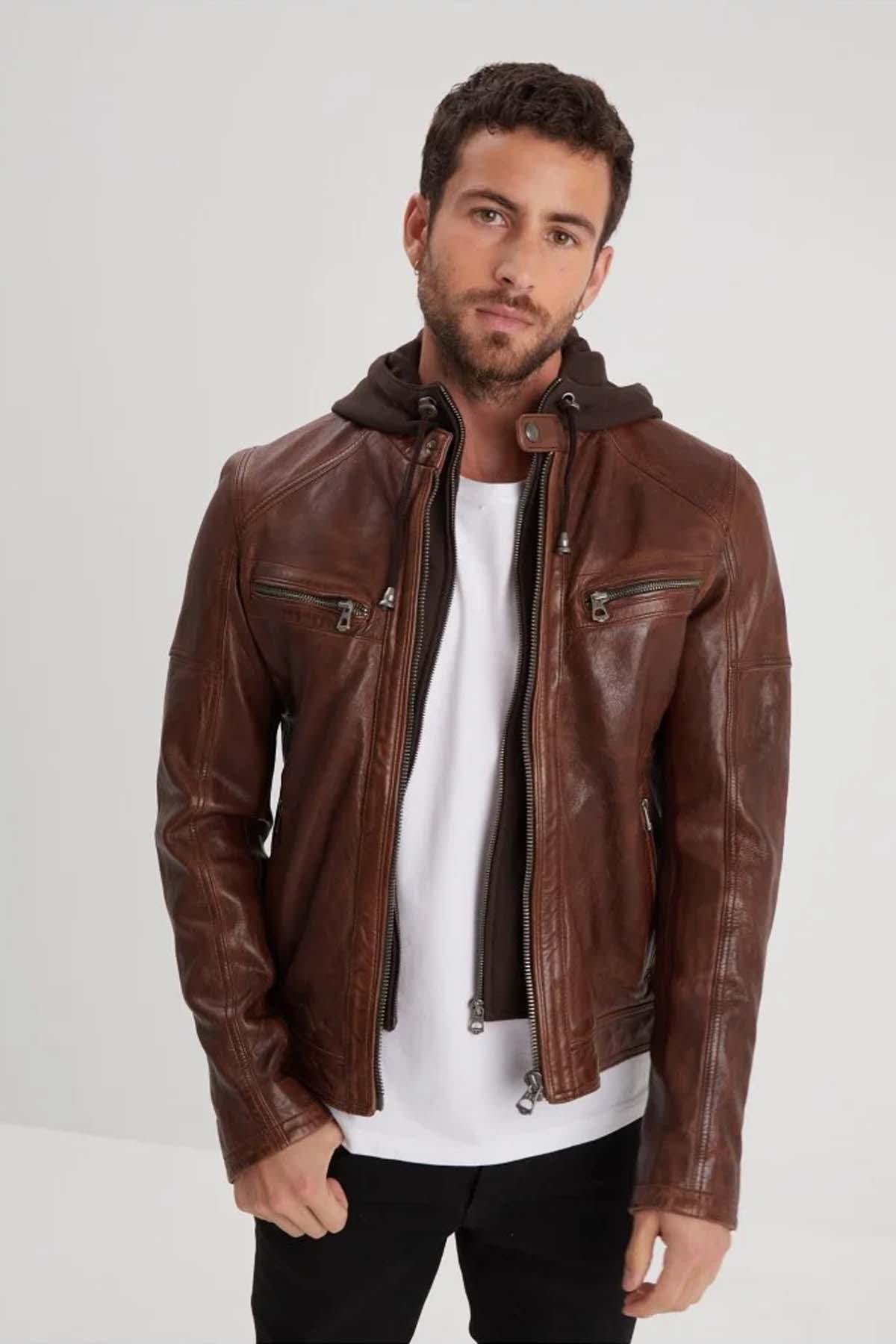 Slim dark cognac lambskin jacket with biker collar and removable hood. - Image n°5