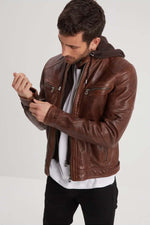 Slim dark cognac lambskin jacket with biker collar and removable hood. - Image n°3