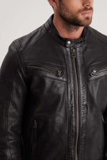 Slimfit lambskin jacket in glossy black. Moto collar, detachable hood. - Image n°7