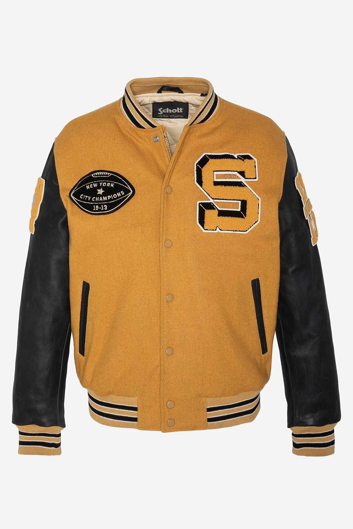 Schott's yellow cowhide varsity jacket with black leather sleeves. - Image n°7