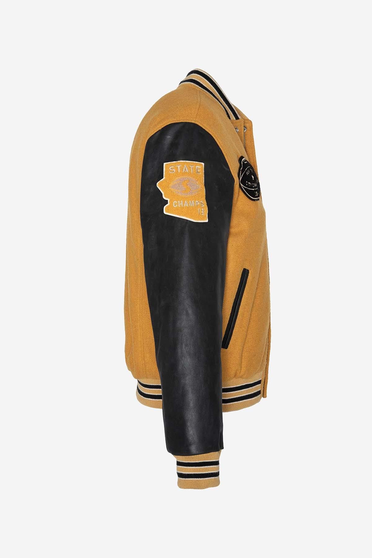 Schott's yellow cowhide varsity jacket with black leather sleeves. - Image n°8