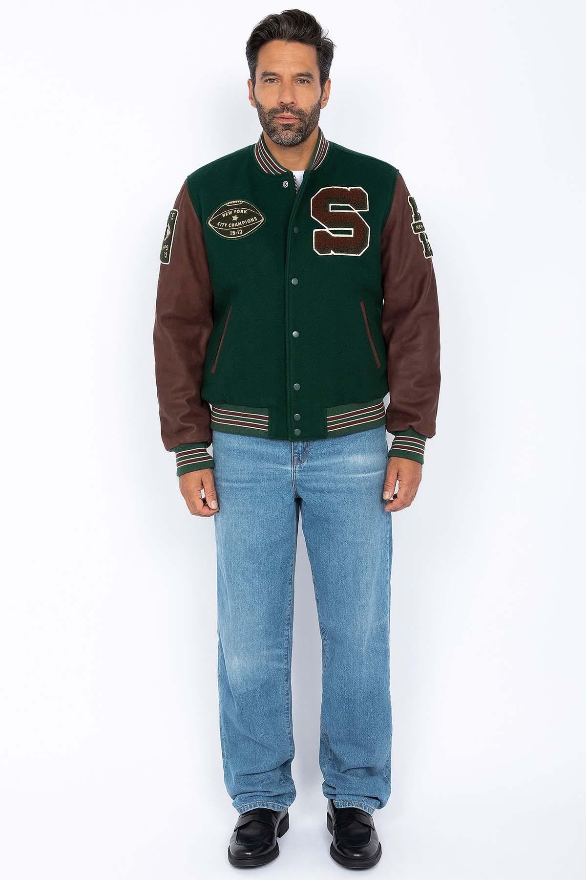 Schott's green wool teddy with cordovan-trimmed vachetta sleeves. - Image n°2