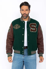 Varsity jacket in burgundy leather and green wool - Image n°3