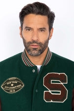 Varsity jacket in burgundy leather and green wool - Image n°5