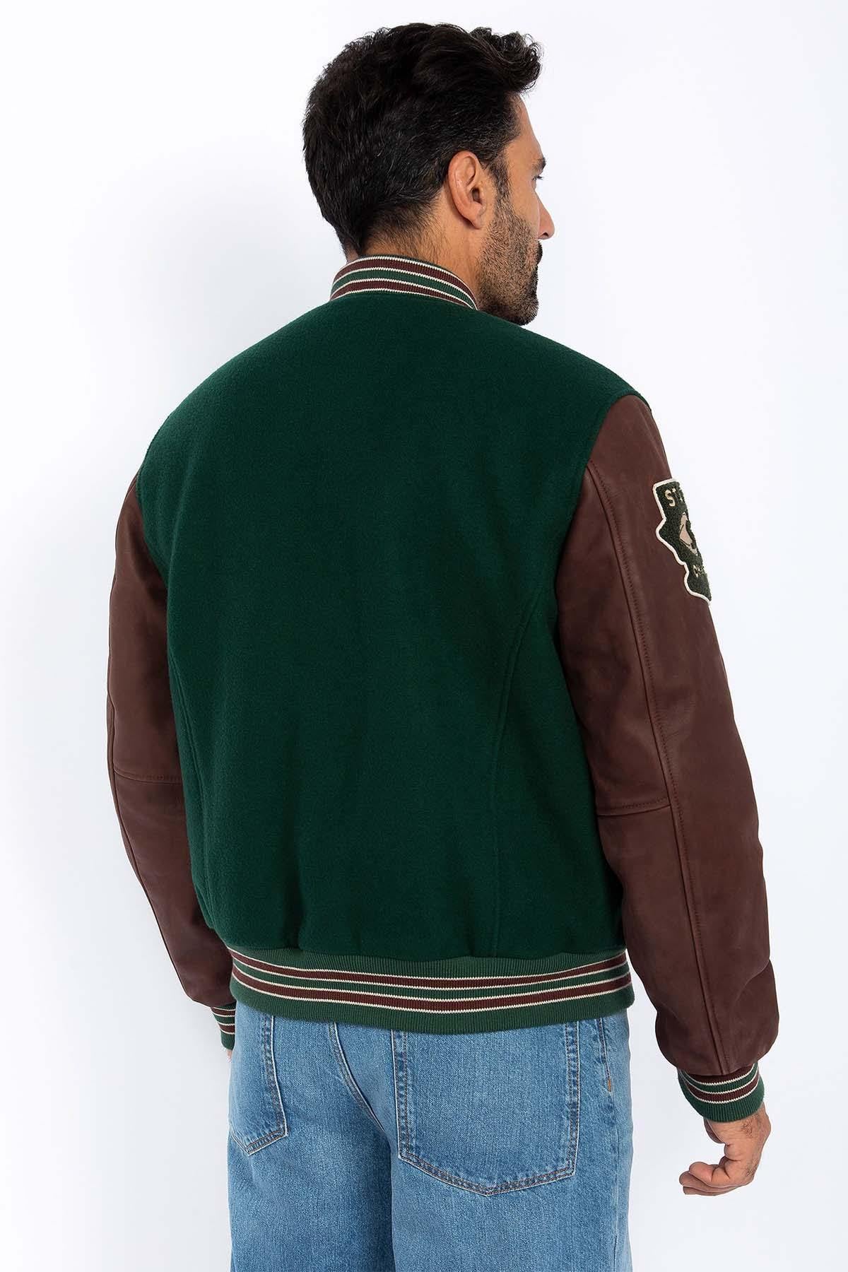 Schott's green wool teddy with cordovan-trimmed vachetta sleeves. - Image n°4