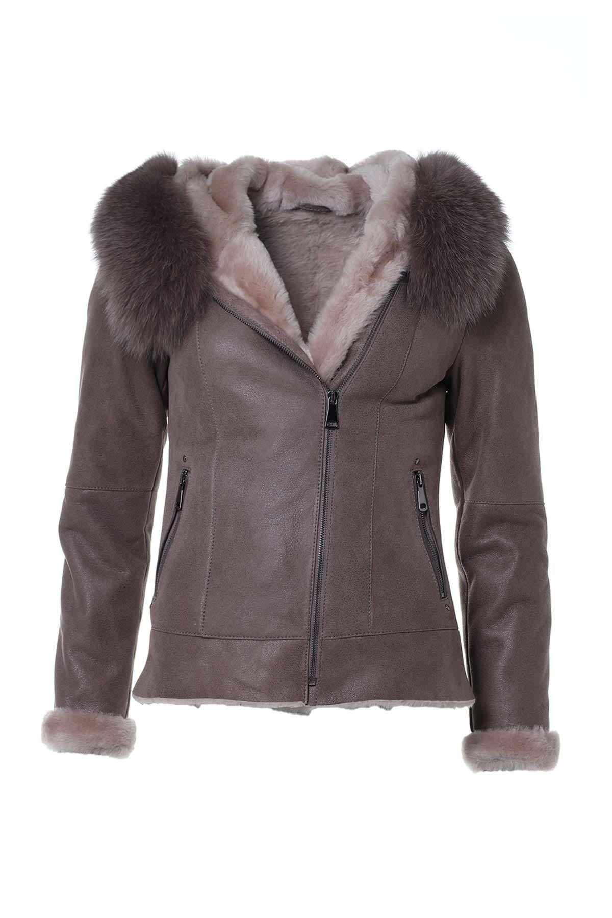 Semi-oiled Merino sheepskin jacket in grey, fox-fur hood and zips. - Image n°8