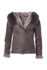 Semi-oiled Merino sheepskin jacket in grey, fox-fur hood and zips. - Image n°8