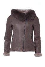 Semi-oiled Merino sheepskin jacket in grey, fox-fur hood and zips. - Image n°7