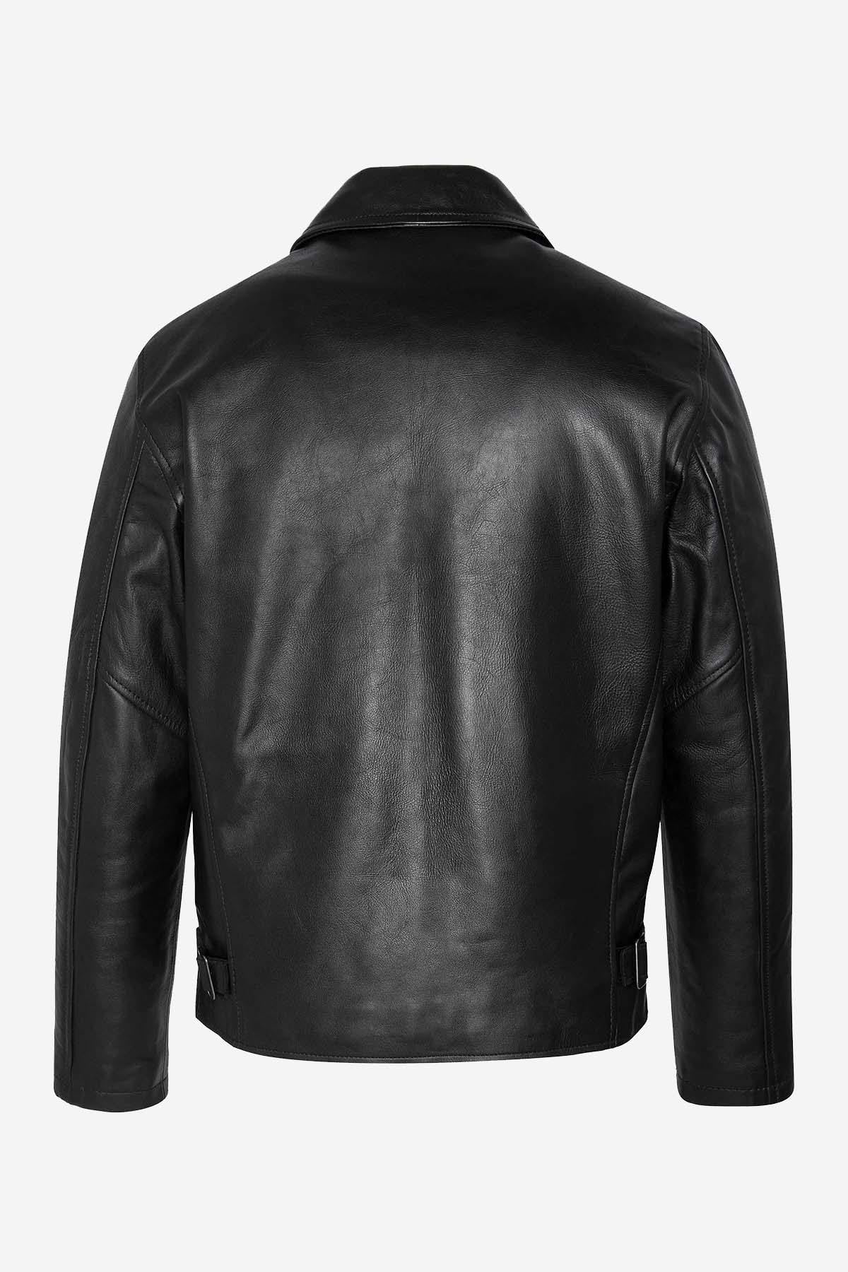 Men's black leather jacket with shirt collar - Image n°4