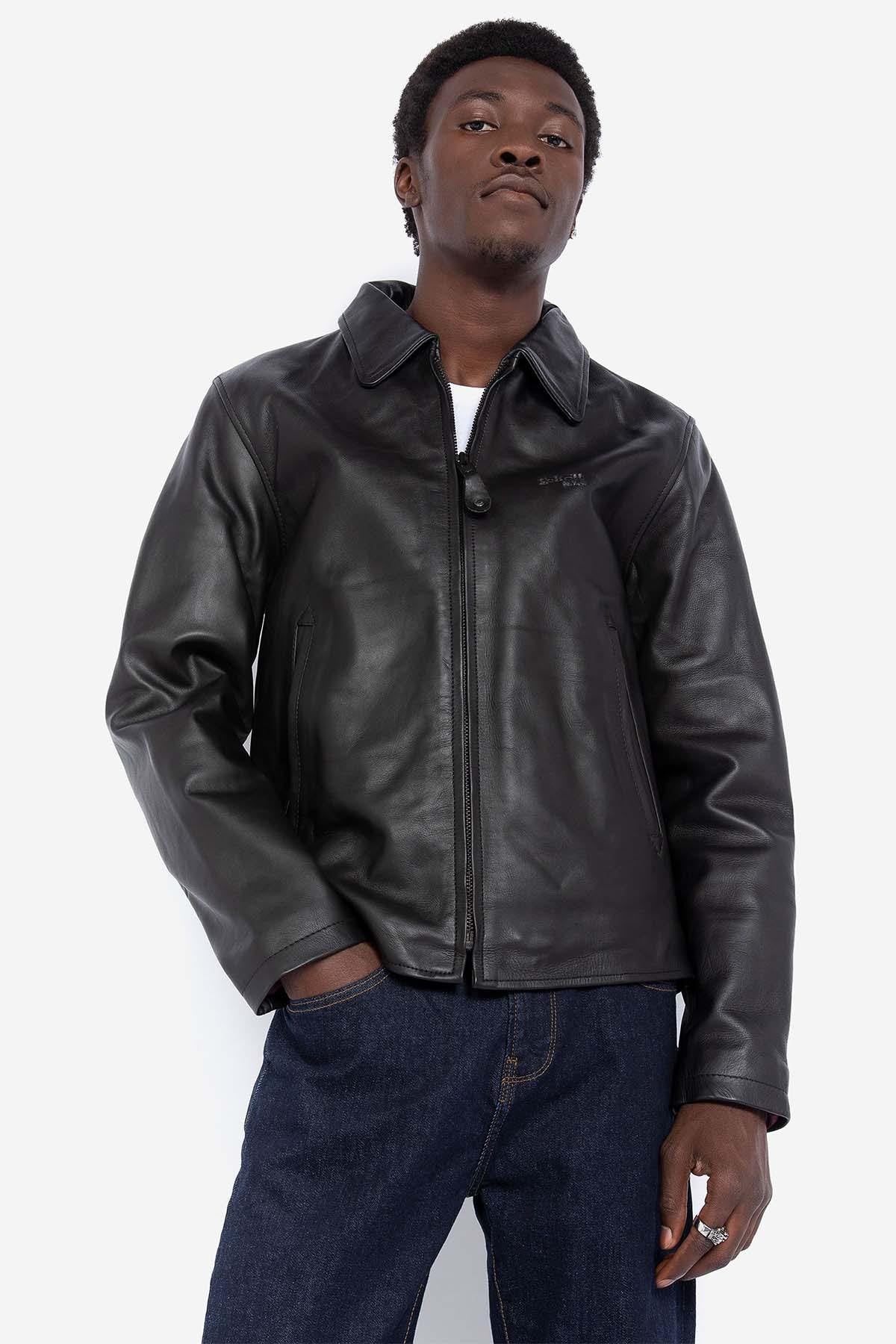Men's black leather jacket with shirt collar - Image n°1