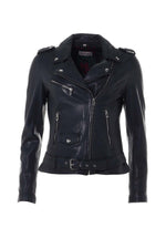 Timeless navy lambskin biker jacket with a glossy, regular fit. - Image n°5