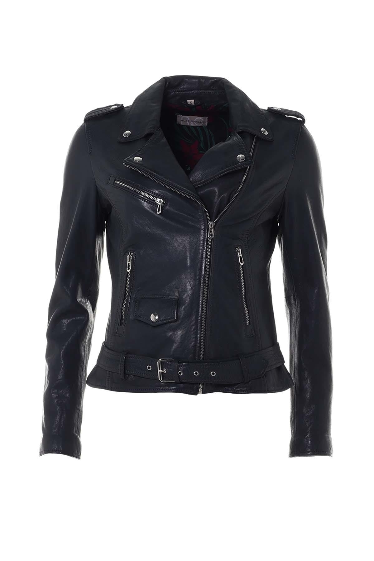 Timeless navy lambskin biker jacket with a glossy, regular fit. - Image n°5