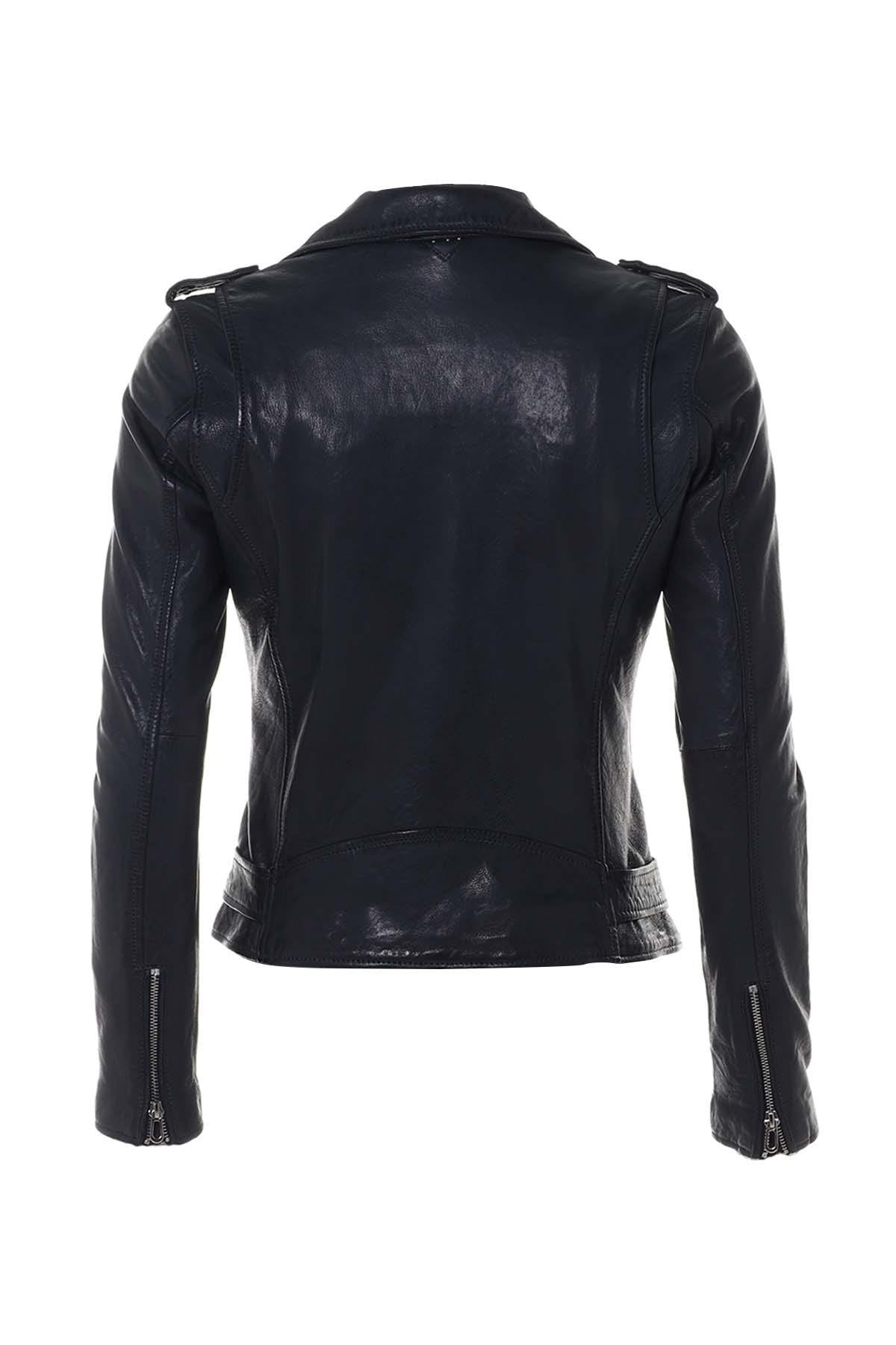 Timeless navy lambskin biker jacket with a glossy, regular fit. - Image n°6