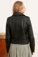 Dark green lambskin biker jacket, smooth and supple. Timeless. - Image n°5